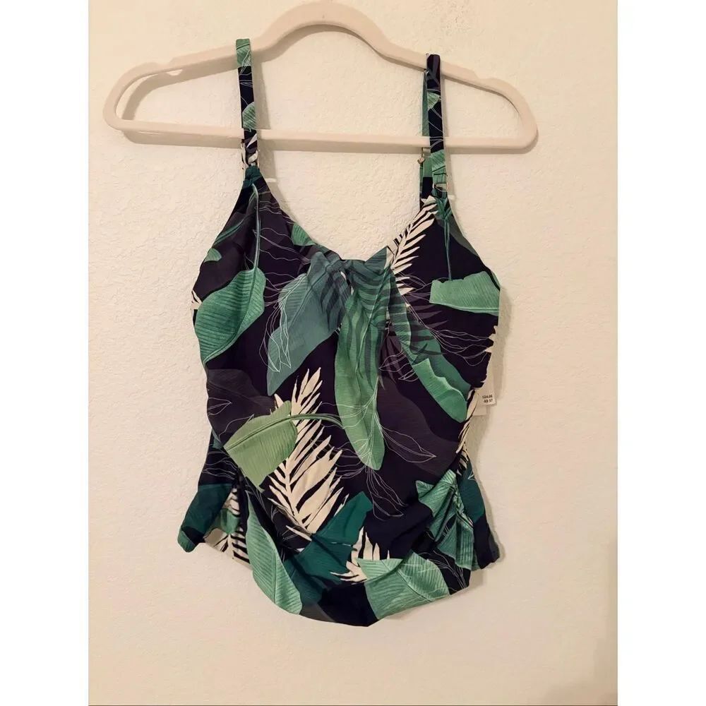 Jantzen Tropical Leaf Tankini Top Size 8 Green Black Adjustable Straps Swim Top